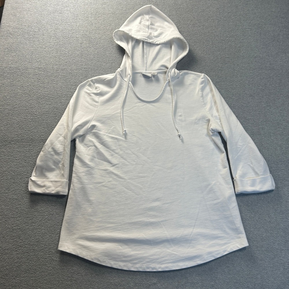 Weekends by Chico's Hooded Pullover Top Womens 2 XL White 3/4 Sleeve Casual Knit